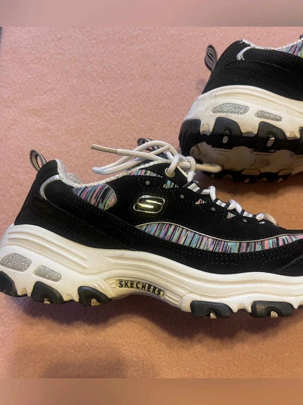 Vintage Y2K Skechers D’lite Black Women's Sneakers with Multicolor Stripe Detail